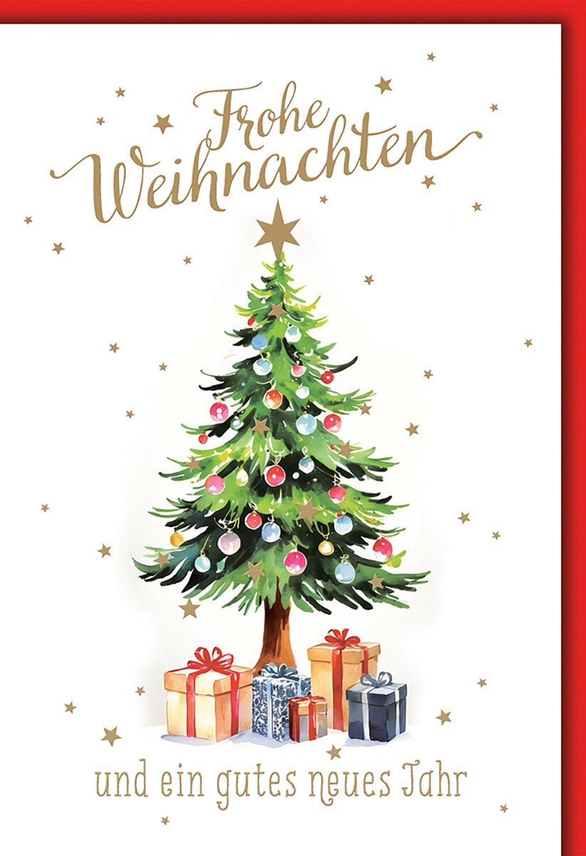 Weihnachtskarte: Eleganter Tannenbaum mit Geschenken und Goldschrift – Festliche Grüße für Weihnachten
