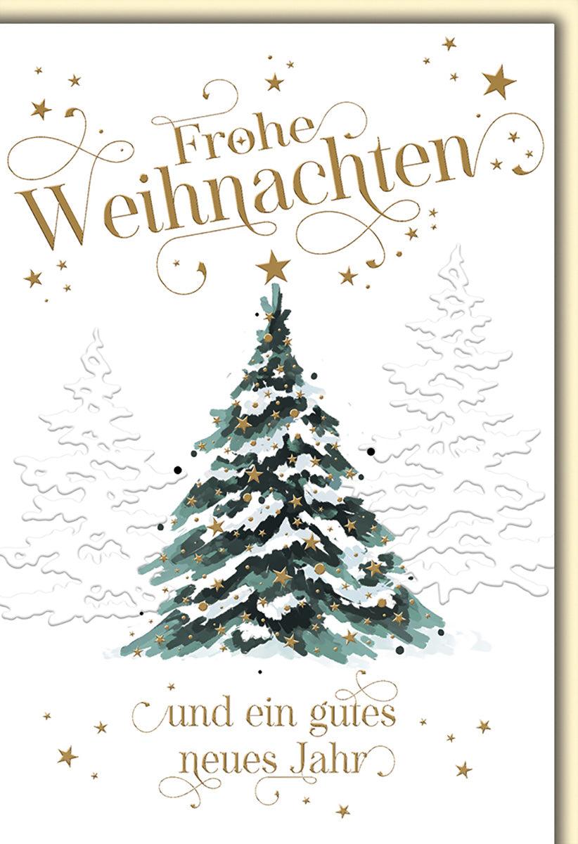 Weihnachtskarte: Eleganter Tannenbaum mit Goldakzenten und Sternen für festliche Grüße