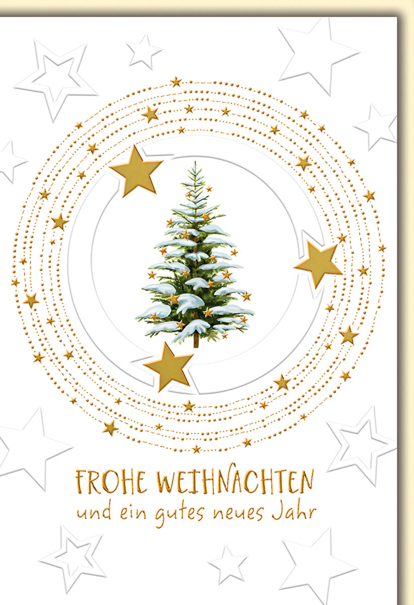 Weihnachtskarte: Eleganter Tannenbaum mit Goldsternen und Schneeflocken für festliche Grüße