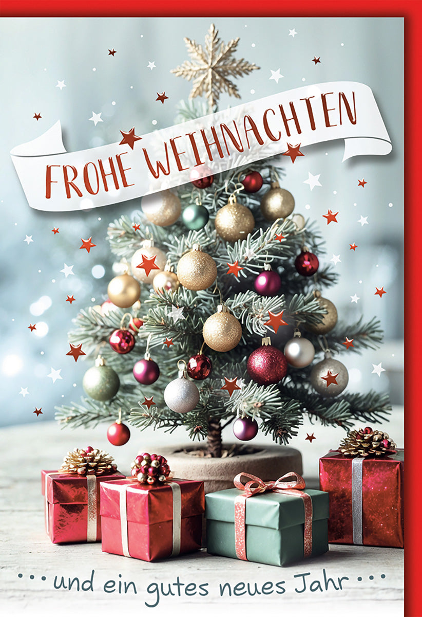 Weihnachtskarte: Eleganter Tannenbaum mit Kugeln und Geschenken, festliche Farben für besinnliche Grüße