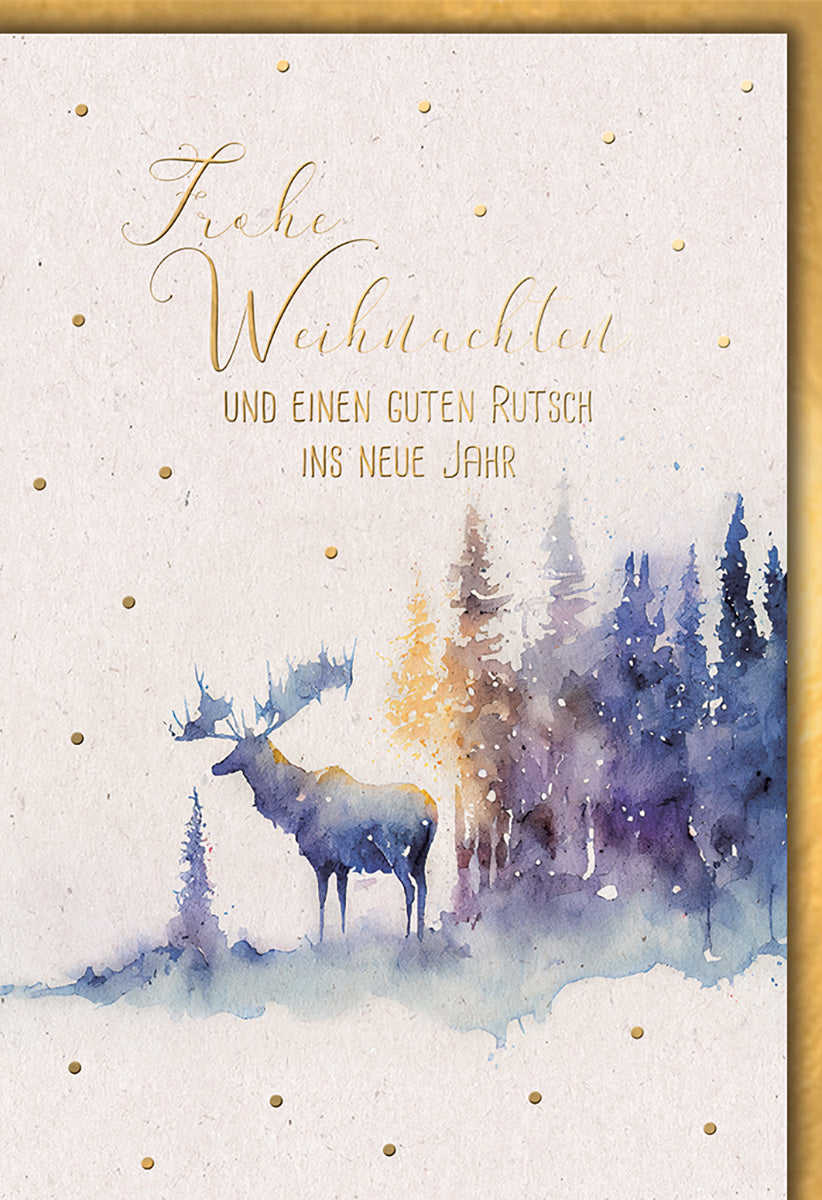 Weihnachtskarte: Elegantes Aquarell-Design mit Hirsch und Wald in Blau-Gold für stimmungsvolle Grüße