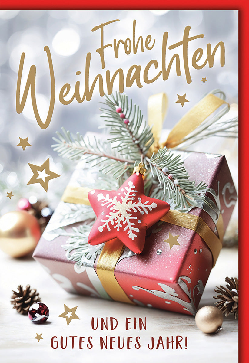 Weihnachtskarte: Elegantes Design mit Geschenk und Sternen in Rot-Gold für festliche Grüße