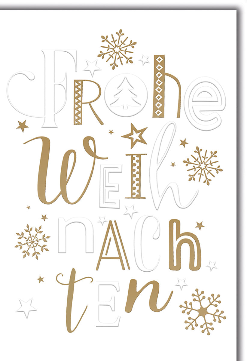Weihnachtskarte: Elegantes Design mit Goldakzenten und Schneeflocken – Perfekt für stilvolle Grüße