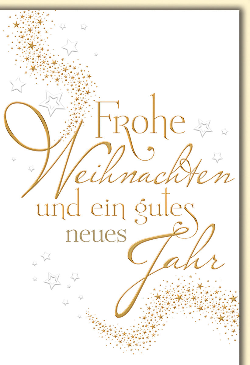 Weihnachtskarte: Elegantes Design mit goldenen Schriftzügen und Sternen für festliche Grüße