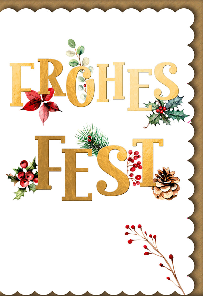 Weihnachtskarte: Elegantes Design mit Goldschrift, festlichen Pflanzen und verspieltem Rand für stilvolle Grüße
