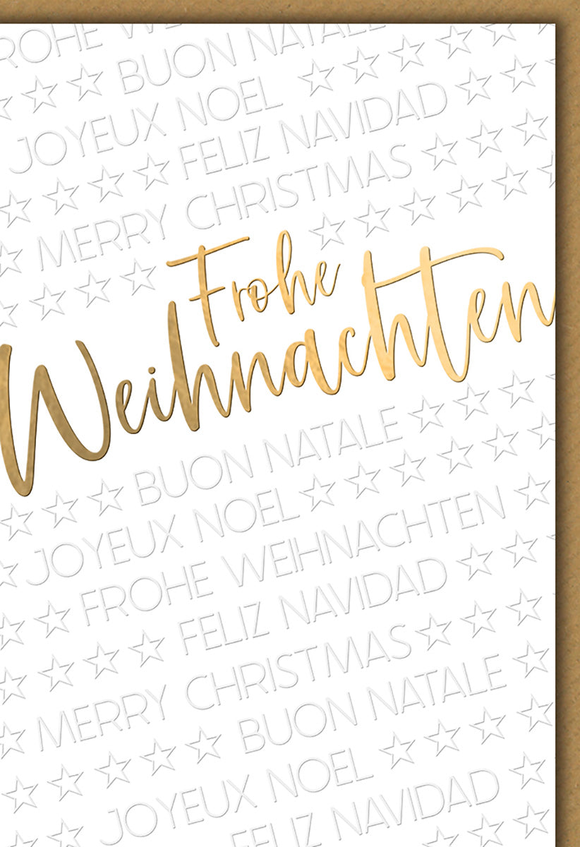 Weihnachtskarte: Elegantes Design mit Goldschrift und internationalen Weihnachtsgrüßen auf weißem Hintergrund