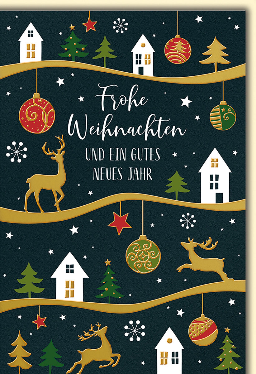 Weihnachtskarte: Elegantes Design mit Rentieren, Tannen und Kugeln auf dunkelblauem Hintergrund