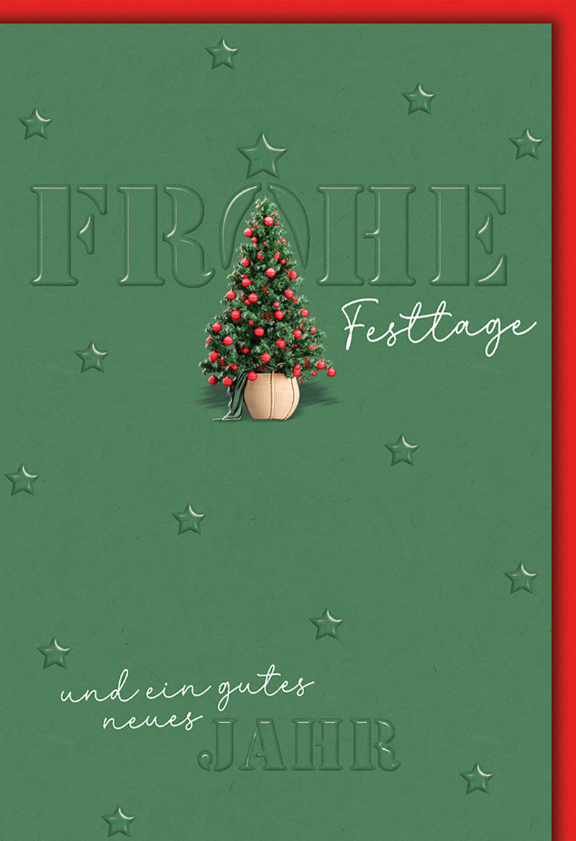 Weihnachtskarte: Elegantes Design mit Tannenbaum und Sternen in Grün-Rot für festliche Grüße