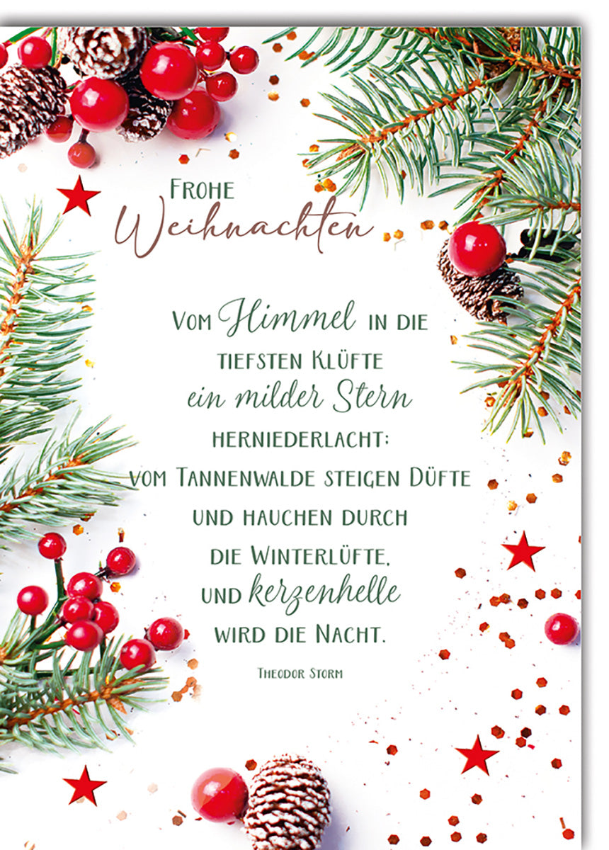 Weihnachtskarte: Elegantes Design mit Tannenzweigen, roten Beeren und festlichem Glanz für besinnliche Grüße