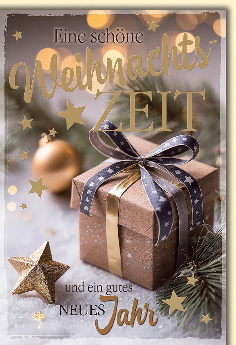 Weihnachtskarte: Elegantes Geschenkdesign mit Goldakzenten und Sternen für festliche Grüße