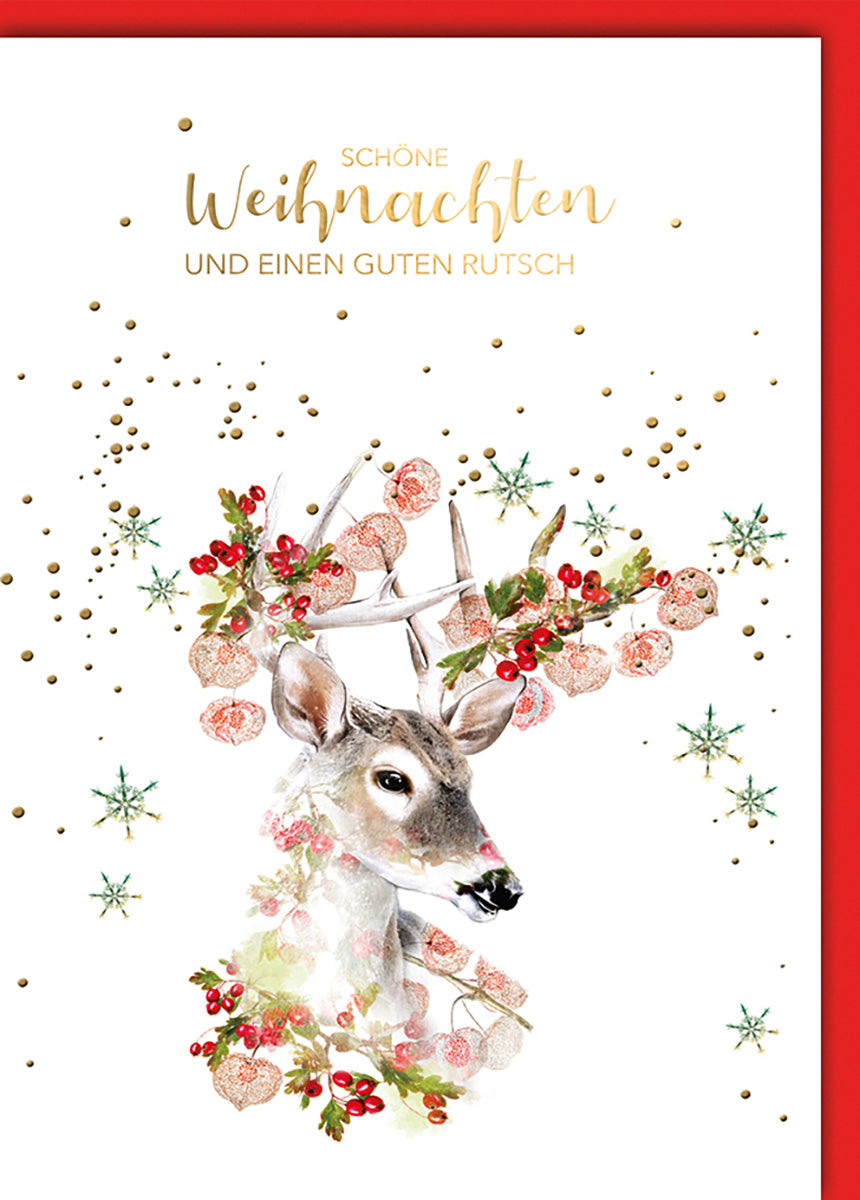 Weihnachtskarte: Elegantes Hirschmotiv mit Goldakzenten und festlichem Design für stilvolle Grüße