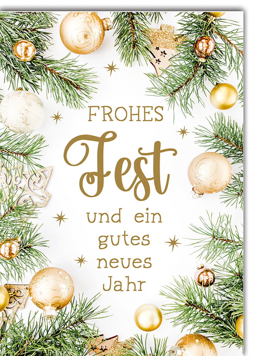 Weihnachtskarte: Elegantes Tannenzweig-Design mit goldenen Kugeln und festlichem Grußtext