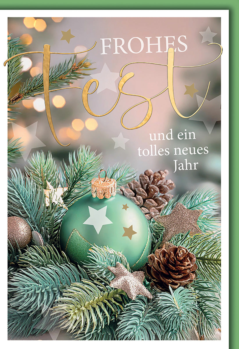 Weihnachtskarte: Elegantes Tannenzweig-Design mit grünen Kugeln und goldenen Akzenten für festliche Grüße