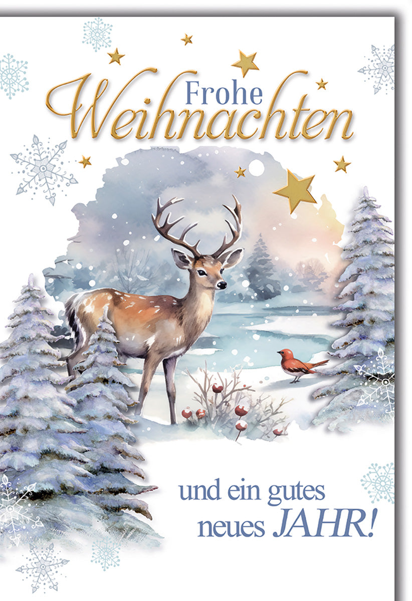 Weihnachtskarte: Elegantes Winterwald-Design mit Hirsch und Rotkehlchen – Stimmungsvolle Festtagsgrüße