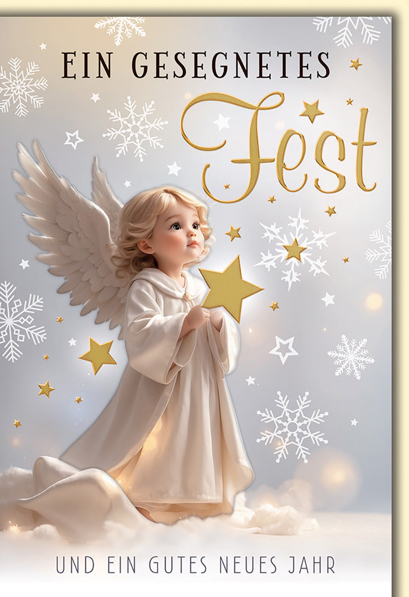 Weihnachtskarte Engelmotiv: Elegante Karte mit Kind und Sternen, ideal für besinnliche Festgrüße