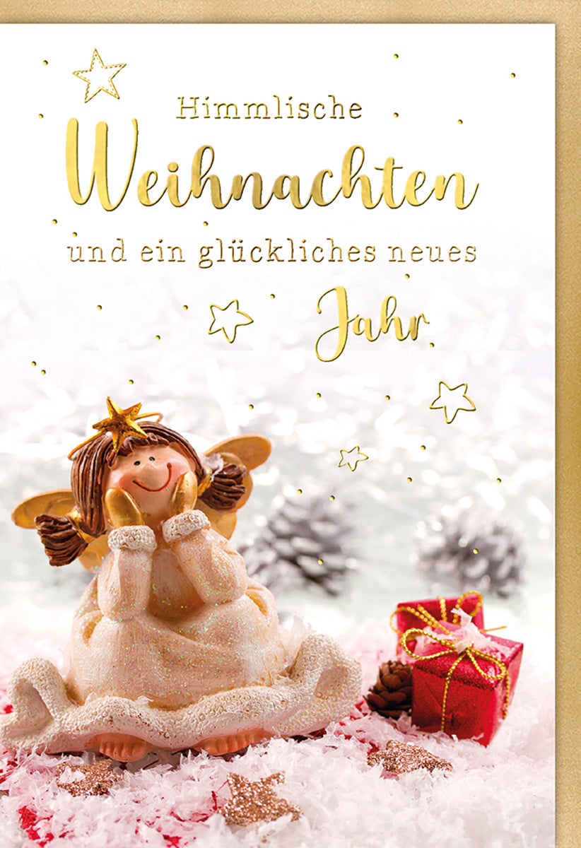 Weihnachtskarte Engelmotiv: Verspielter Engel mit Goldakzenten und Geschenken auf Schneehintergrund