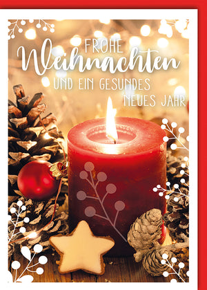 Weihnachtskarte: Festliche Kerzenromantik mit Tannenzapfen und Plätzchen – Besinnliche Grüße in Rot und Gold
