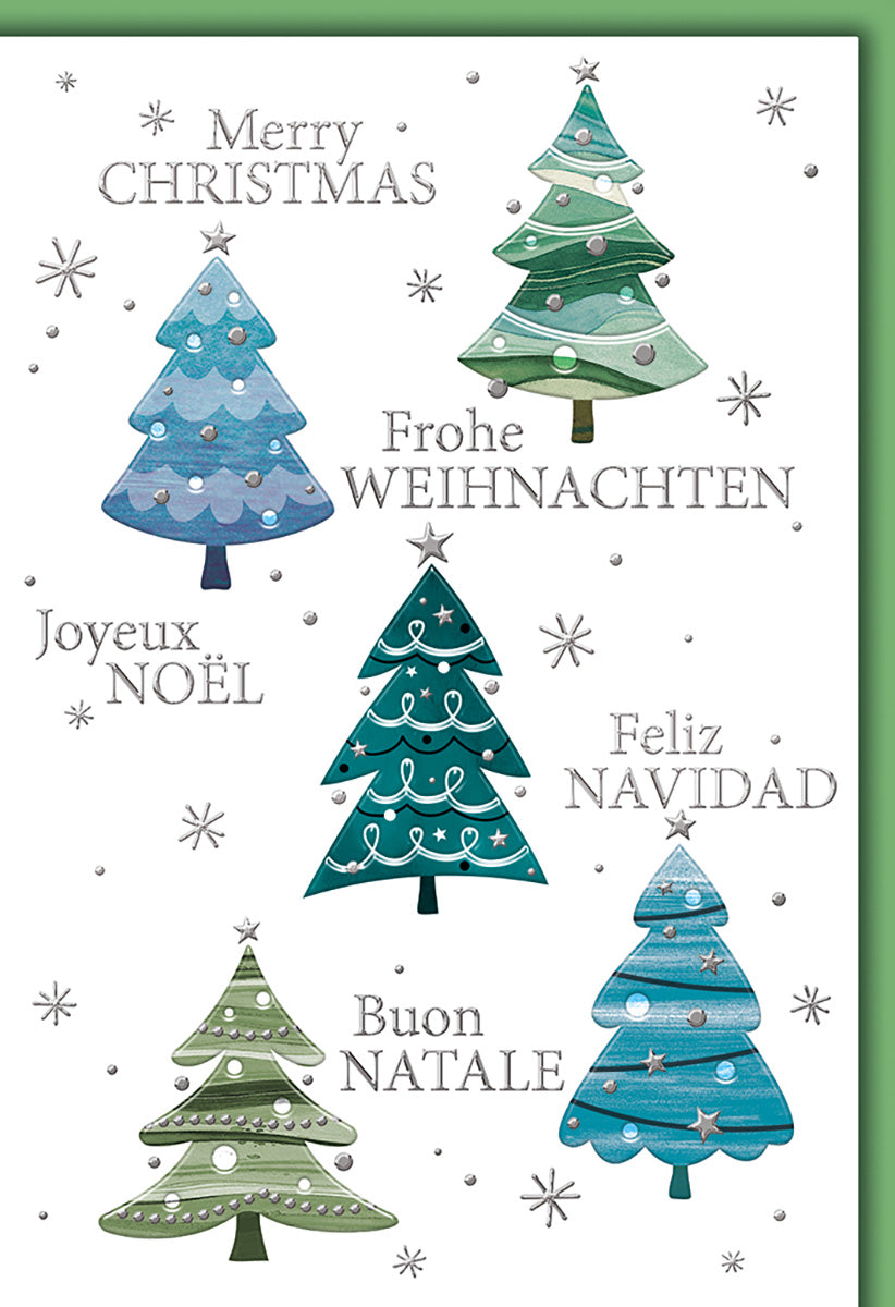 Weihnachtskarte: Festliche Tannenbäume in Blau-Grün mit internationalen Weihnachtsgrüßen und Schneeflocken