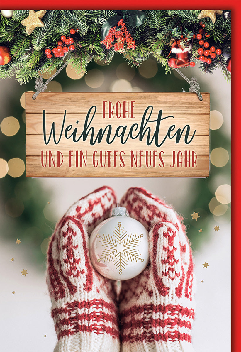 Weihnachtskarte: Festlicher Tannenzweig mit Handschuhen und Schneeflocken-Motiv in Rot-Grün