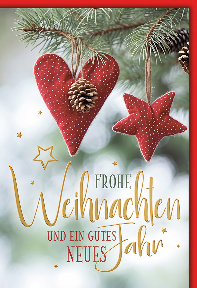 Weihnachtskarte: Festlicher Tannenzweig mit roten Stoffanhängern und goldener Schrift für besinnliche Grüße