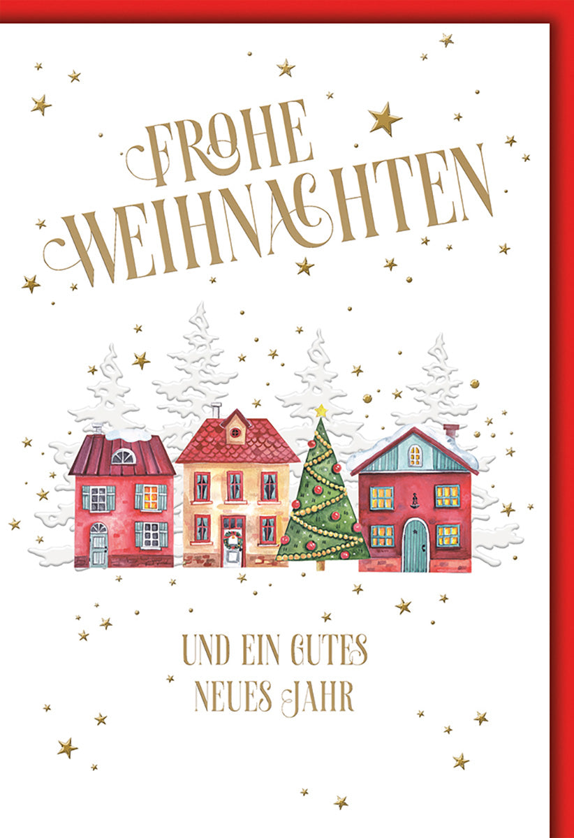 Weihnachtskarte: Festliches Dorfmotiv mit Tannenbaum, Goldakzente und Schneeflocken für besinnliche Grüße