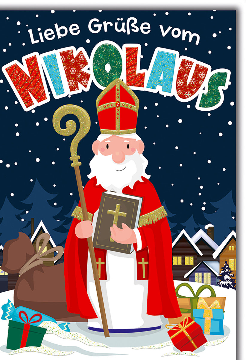 Weihnachtskarte: Fröhlicher Nikolaus im Schnee mit Geschenken – Bunte Festtagsgrüße für Kinder