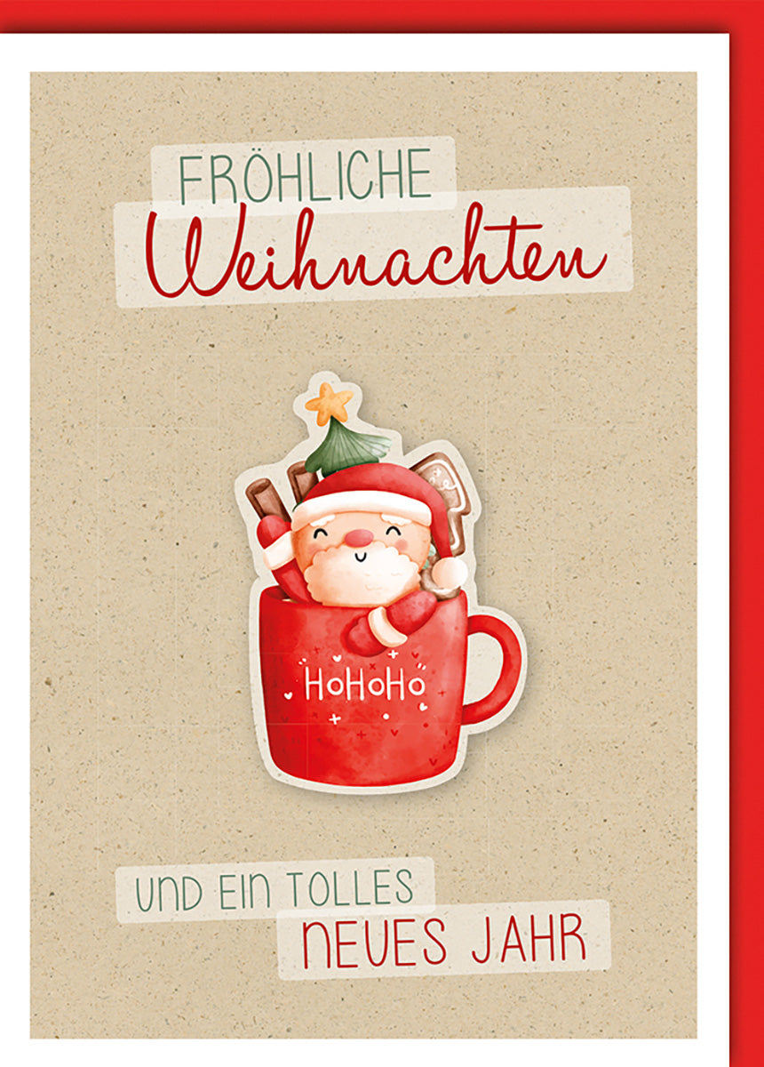 Weihnachtskarte: Fröhlicher Santa im Becher, verspieltes Design, rote Akzente für Kinder und Junggebliebene