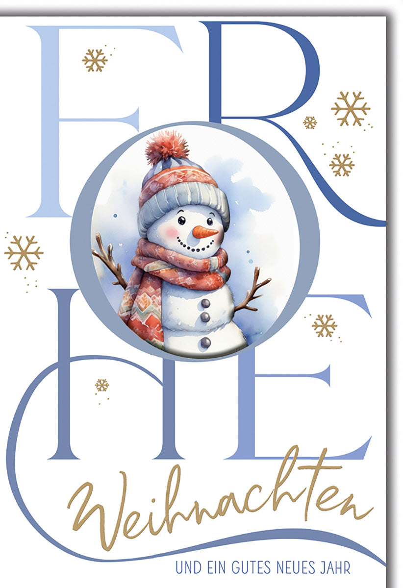 Weihnachtskarte: Fröhlicher Schneemann im Aquarellstil mit winterlichen Akzenten und festlichem Gruß