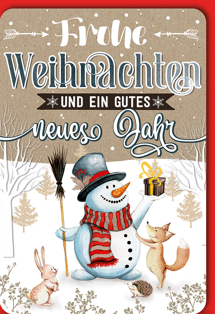 Weihnachtskarte: Fröhlicher Schneemann mit Tieren, festliche Farben, ideal für Tierliebhaber