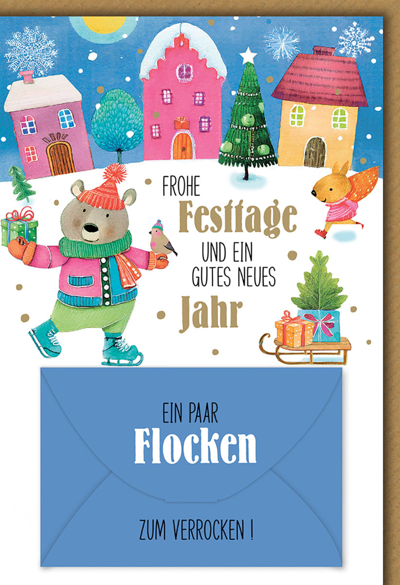 Weihnachtskarte für Kinder – Bunter Winterwald mit Bär und Eichhörnchen, Frohe Festtage Botschaft