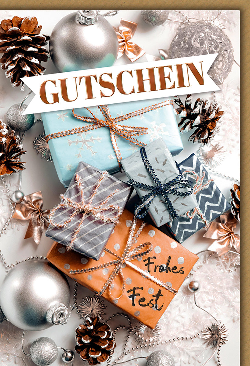 Weihnachtskarte Gutschein – Elegante Geschenke & Tannenzapfen in Silber und Blau für Festliche Grüße