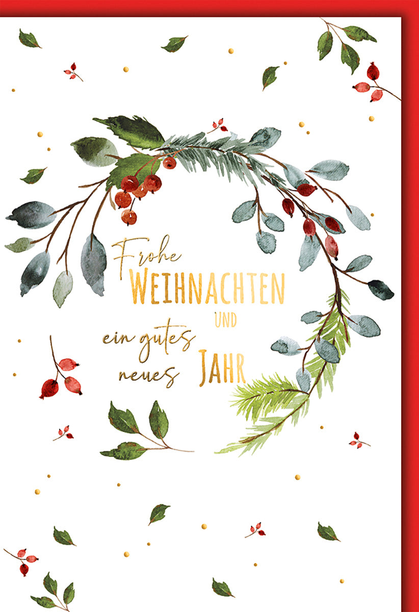 Weihnachtskarte im Aquarell-Stil mit festlichem Zweig-Design und goldener Schrift für besinnliche Grüße