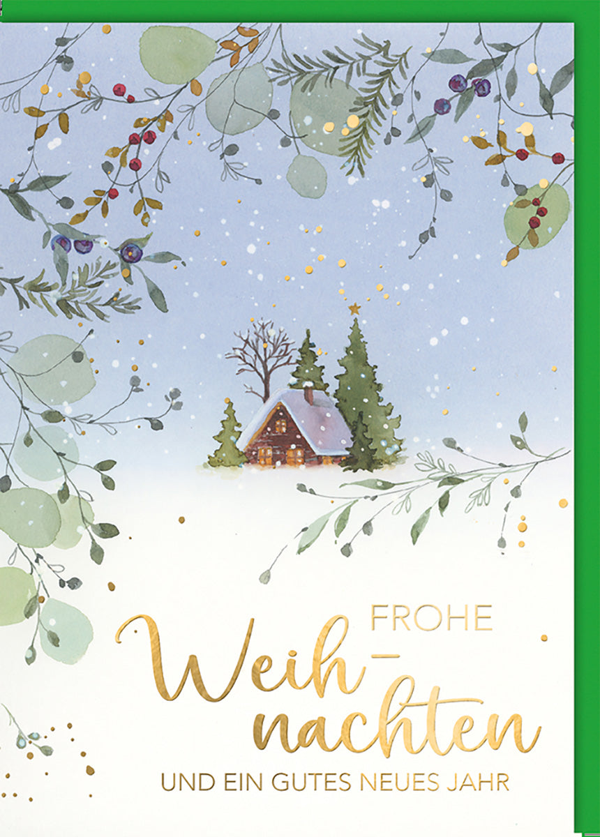 Weihnachtskarte im Aquarellstil mit verschneiter Hütte und Tannenzweigen – Festliche Grüße für Naturliebhaber
