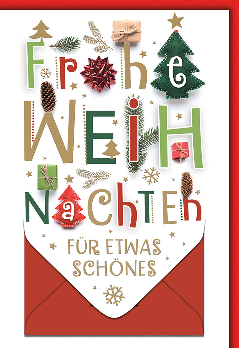 Weihnachtskarte im festlichen Collage-Stil mit Tannenbaum- und Geschenk-Motiven für besondere Grüße