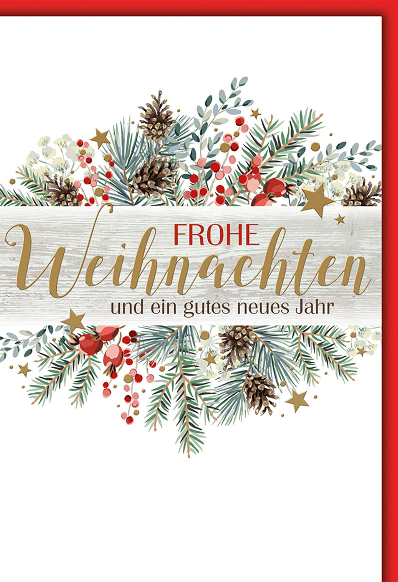 Weihnachtskarte im rustikalen Stil mit Tannenzweigen und goldenen Akzenten für festliche Grüße