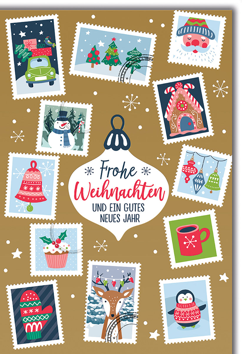 Weihnachtskarte im Vintage-Stil mit festlichen Illustrationen und Grußbotschaft für die ganze Familie