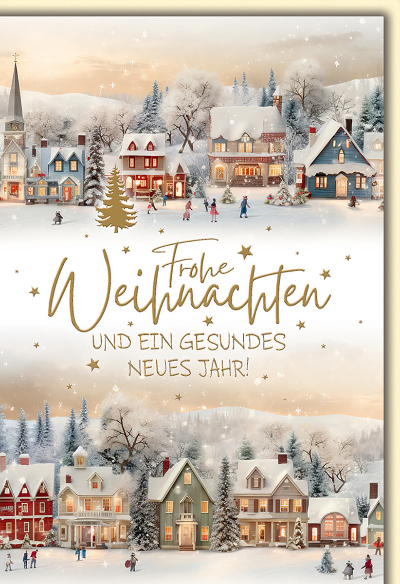 Weihnachtskarte im Vintage-Stil mit verschneiten Dorfmotiven und goldenen Schriftzügen für besinnliche Grüße