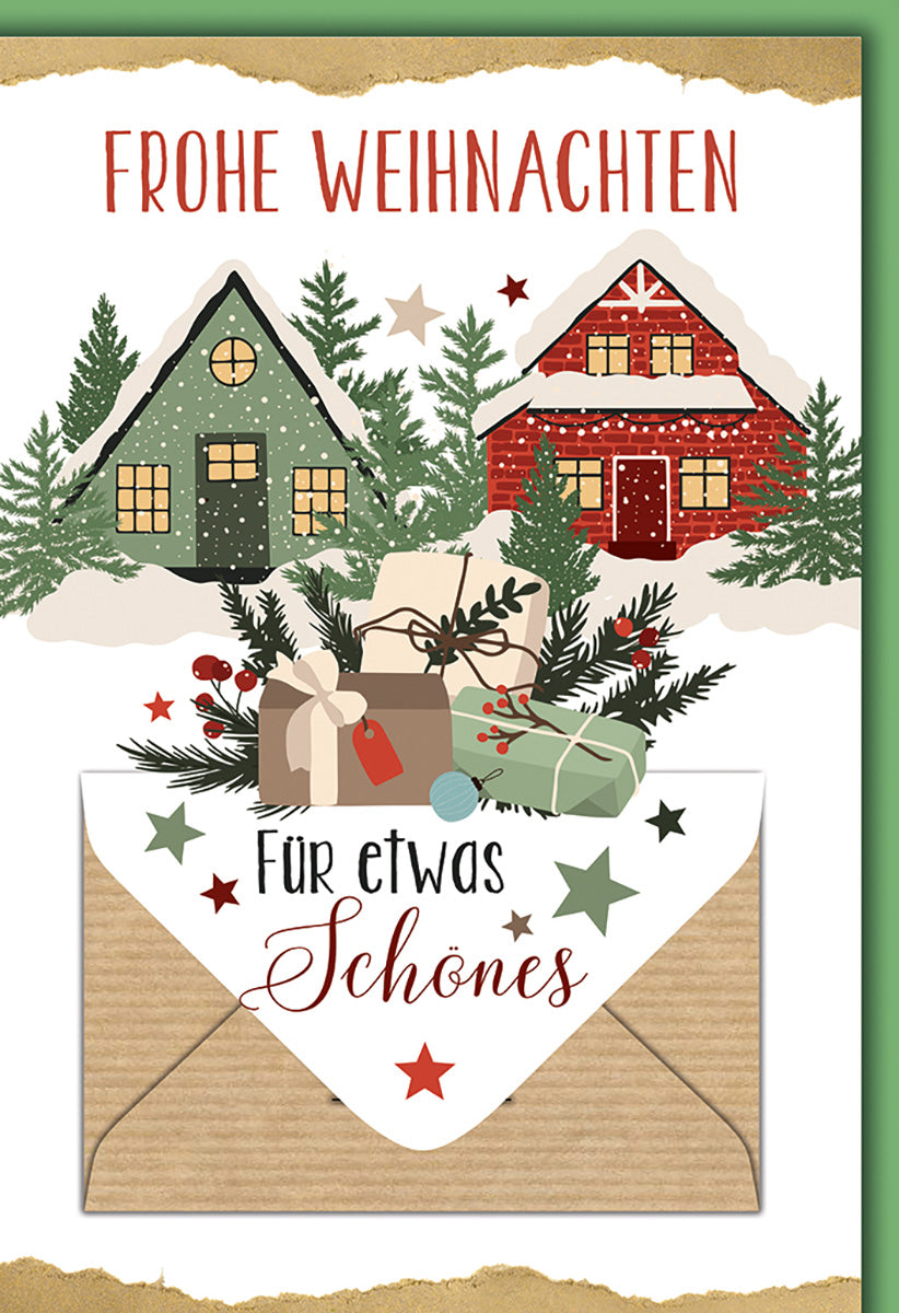 Weihnachtskarte im Vintage-Stil mit verschneiten Hütten und Geschenken – Festliche Grüße für Freunde