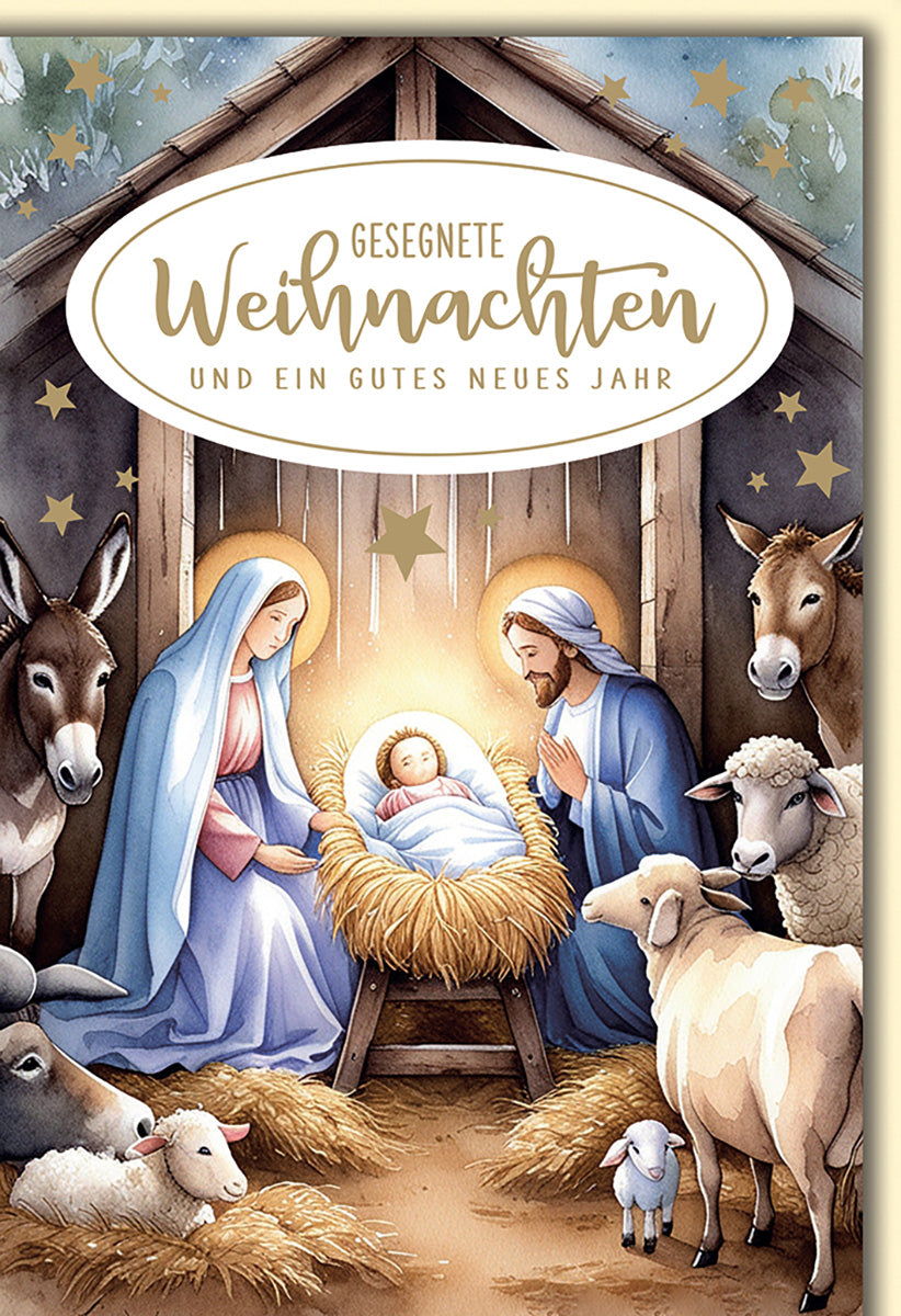 Weihnachtskarte Krippenszene: Traditionelles Design mit Heilige Familie, sanfte Farben, christliche Botschaft