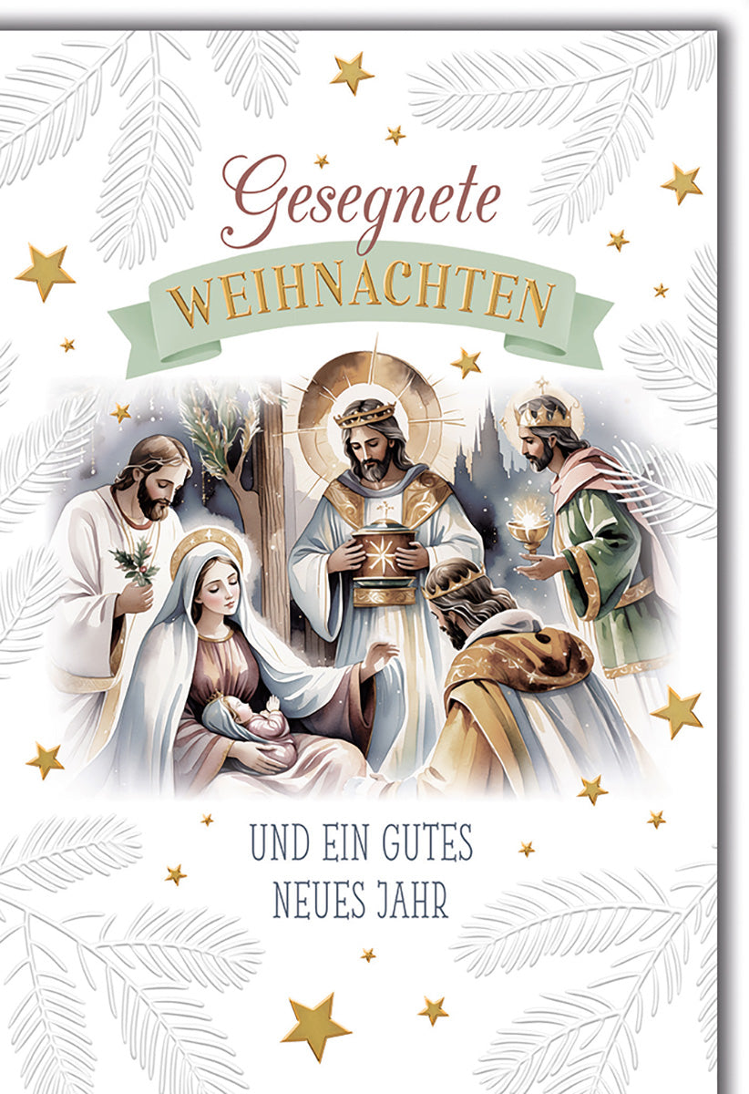 Weihnachtskarte Krippenszene: Traditionelles Design mit Heiligen Drei Königen und Sternen in sanften Farben