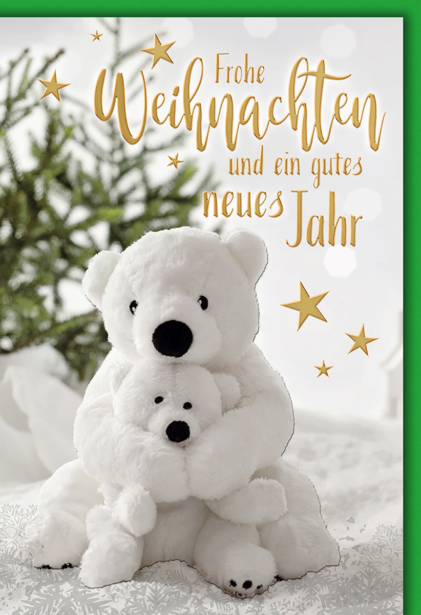 Weihnachtskarte: Kuschelige Eisbären mit Sternenmotiv, festliche Grüße in Gold für Tierliebhaber