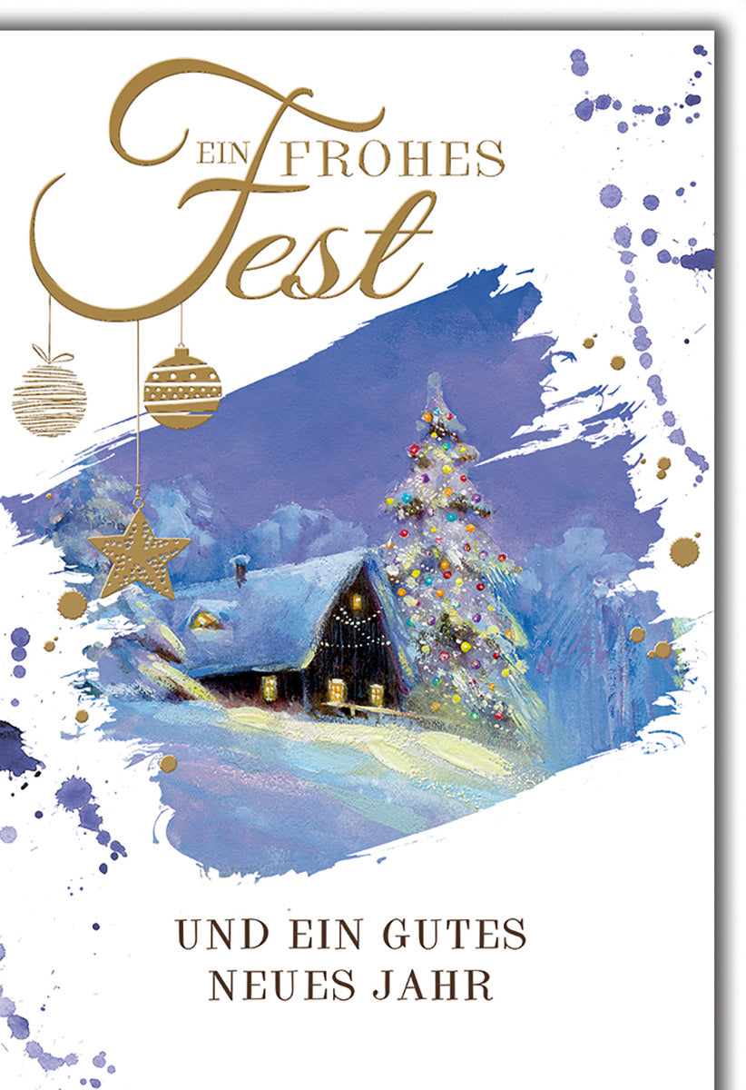 Weihnachtskarte: Malerische Winterlandschaft mit Tannenbaum und Goldakzenten – Festliche Grüße