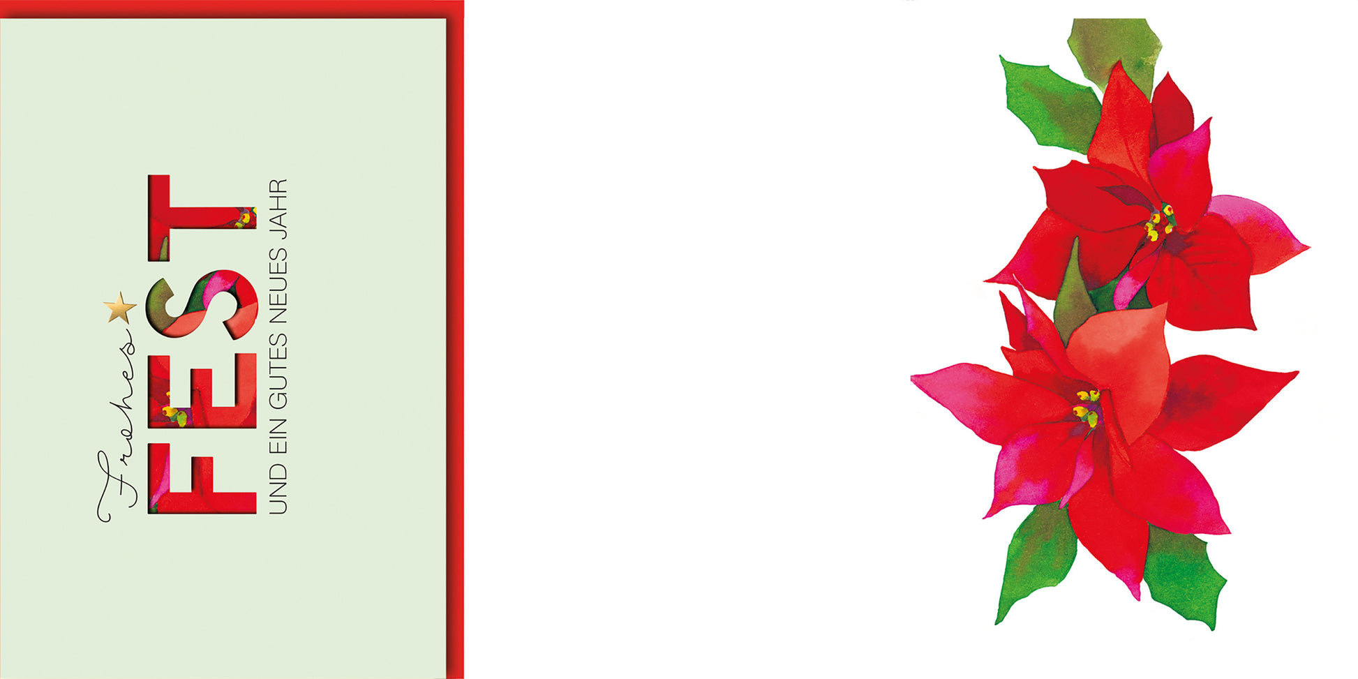Weihnachtskarte mit Aquarell-Poinsettien und modernem Schriftzug in Rot-Grün für festliche Grüße