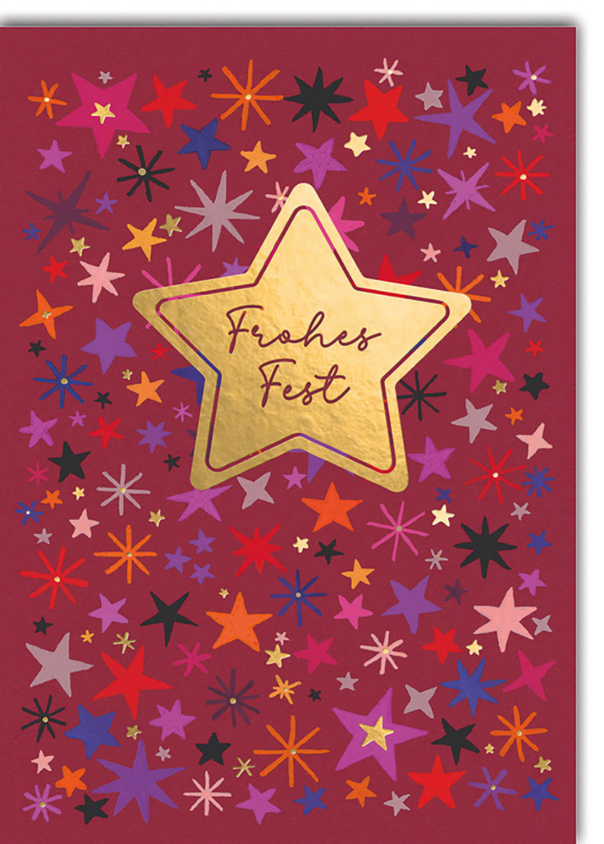 Weihnachtskarte mit bunten Sternen und goldener Schrift – Festliche Grüße für die Weihnachtszeit
