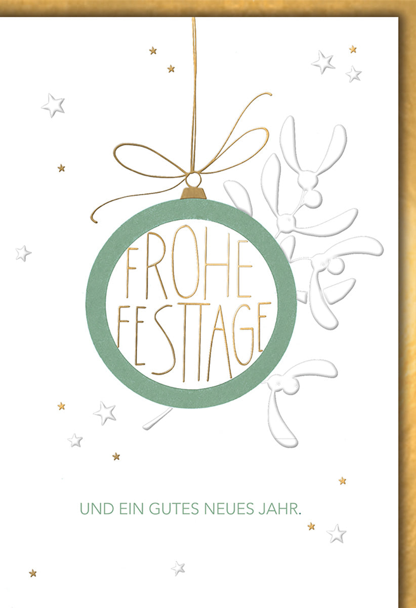 Weihnachtskarte mit elegantem Mistelzweig-Design, goldenen Akzenten und festlicher Botschaft
