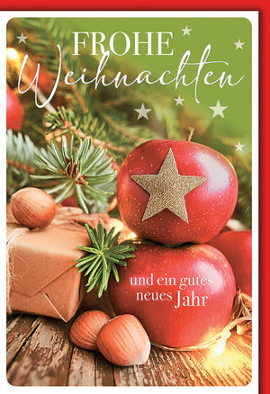 Weihnachtskarte mit festlichem Apfelmotiv, Tannenzweigen & Sternen – Frohe Weihnachten für Naturfreunde