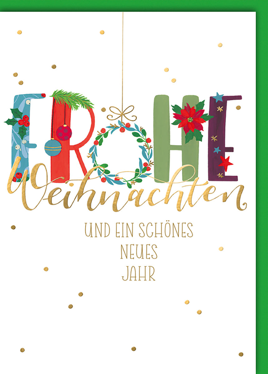 Weihnachtskarte mit festlichem Schriftzug, bunten Buchstaben und goldenen Akzenten für besinnliche Grüße