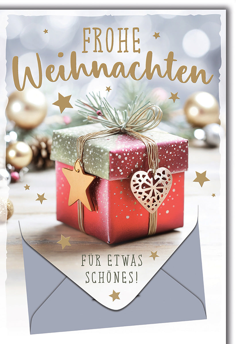 Weihnachtskarte mit Geschenkbox-Motiv, festlichem Gold- und Rotdesign, ideal für stilvolle Weihnachtsgrüße
