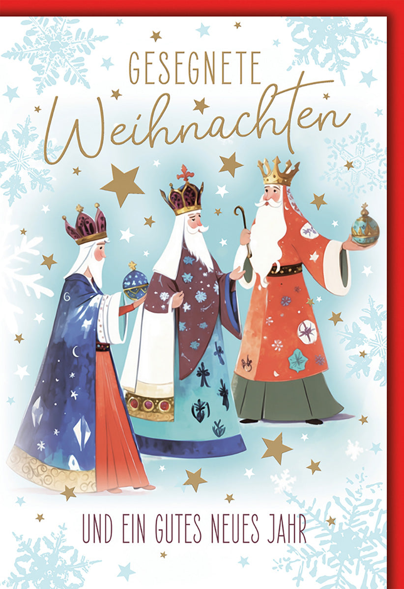 Weihnachtskarte mit Heiligen Drei Königen, festliches Design in Blau und Gold, ideal für besinnliche Grüße
