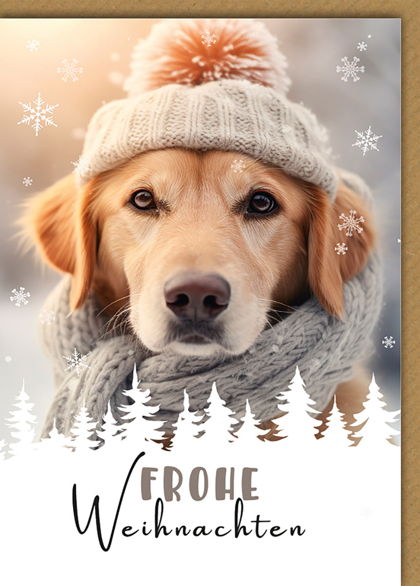 Weihnachtskarte mit Hundemotiv – Niedlicher Golden Retriever im Winterlook, Frohe Weihnachten Grüße